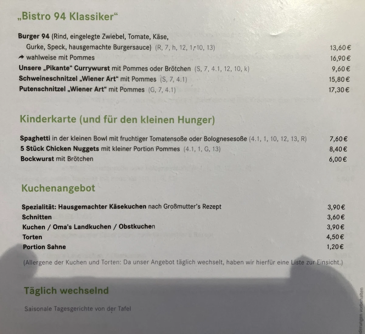 Speisekarte, Bistro 94
