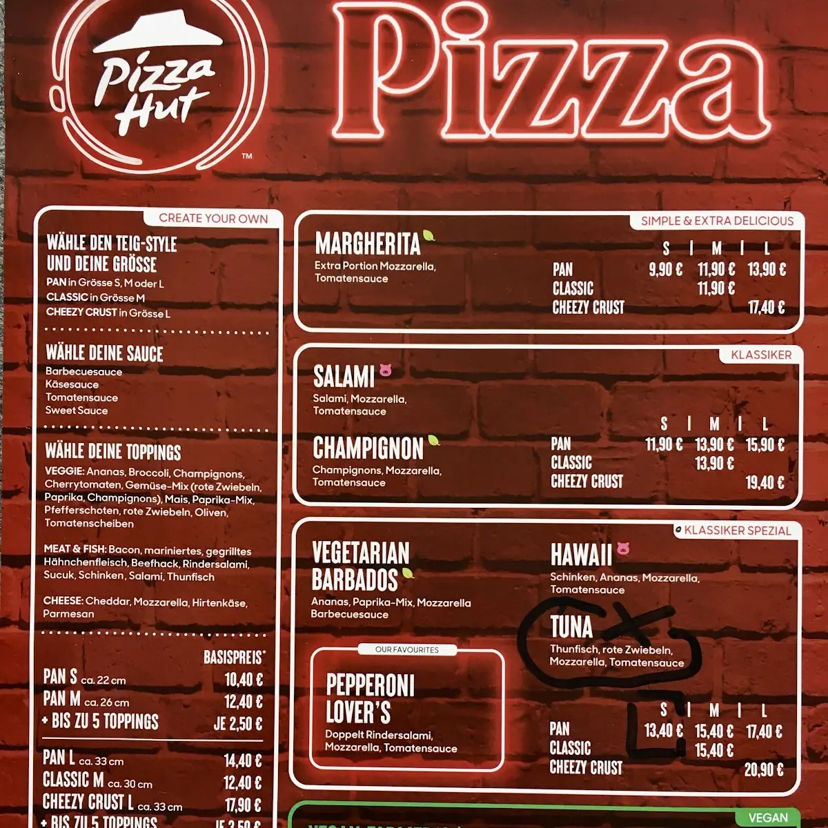 Speisekarte, Pizza Hut Wilhelmshaven