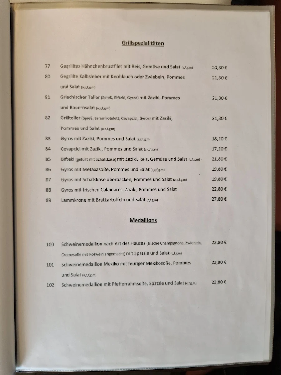 Speisekarte, Restaurant TSV Jahnhalle