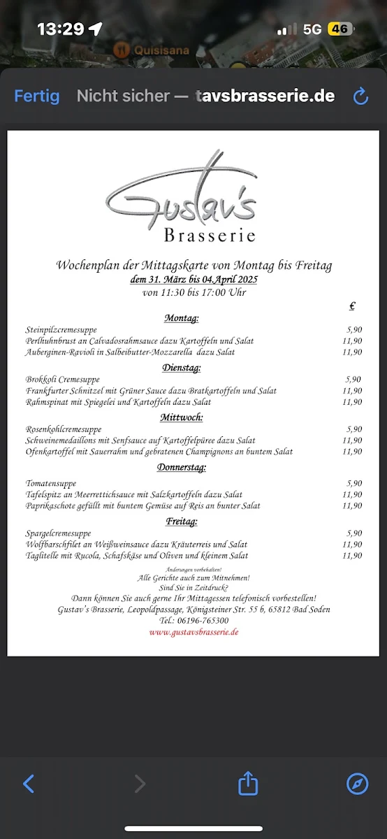 Speisekarte, Gustav's Brasserie