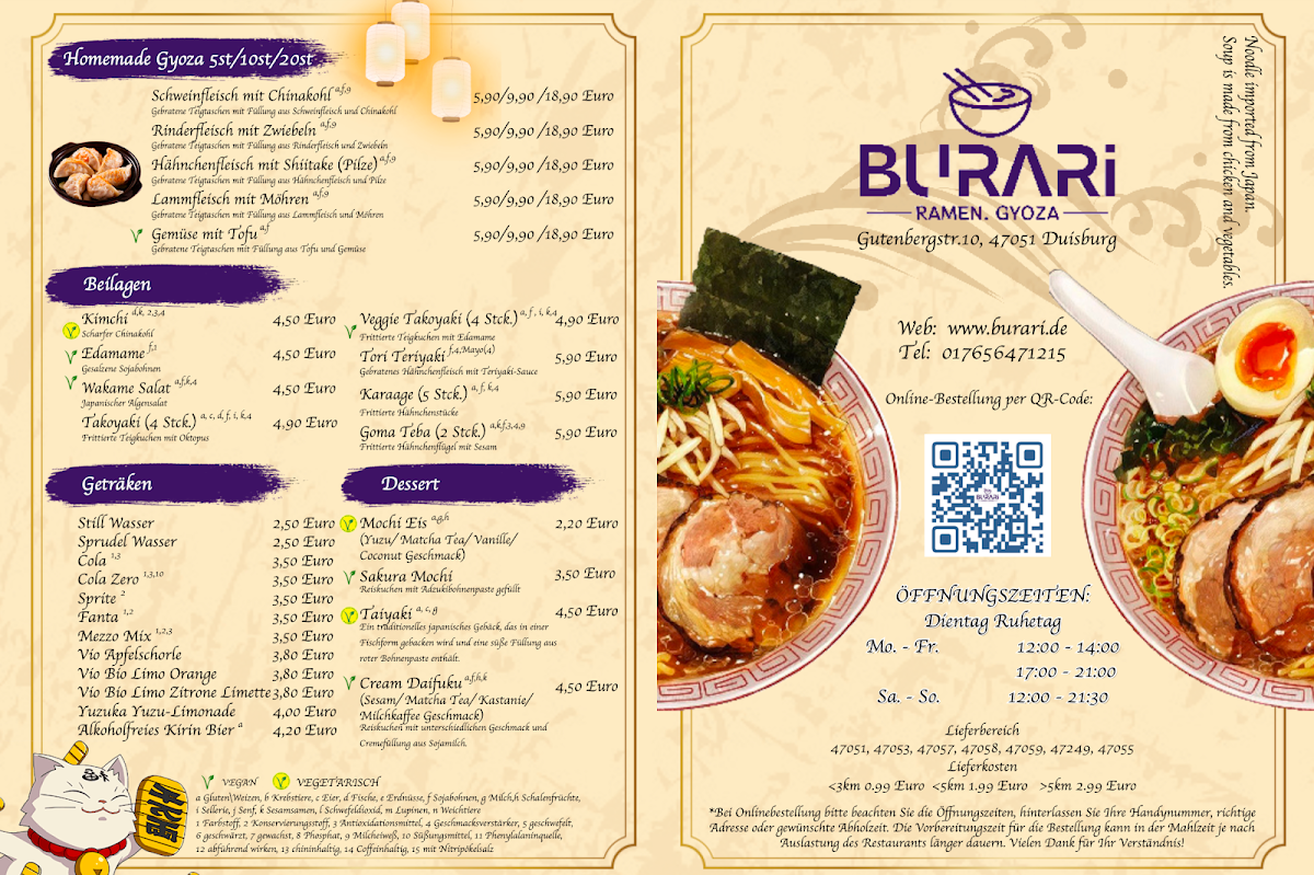 Speisekarte, Burari - Japanische Ramen und Dumplings Bar