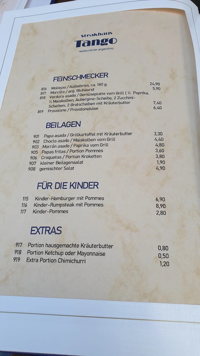 Speisekarte, Steakhaus Tango