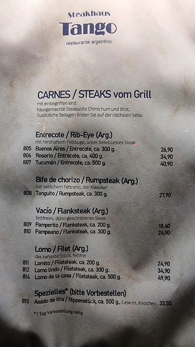 Speisekarte, Steakhaus Tango