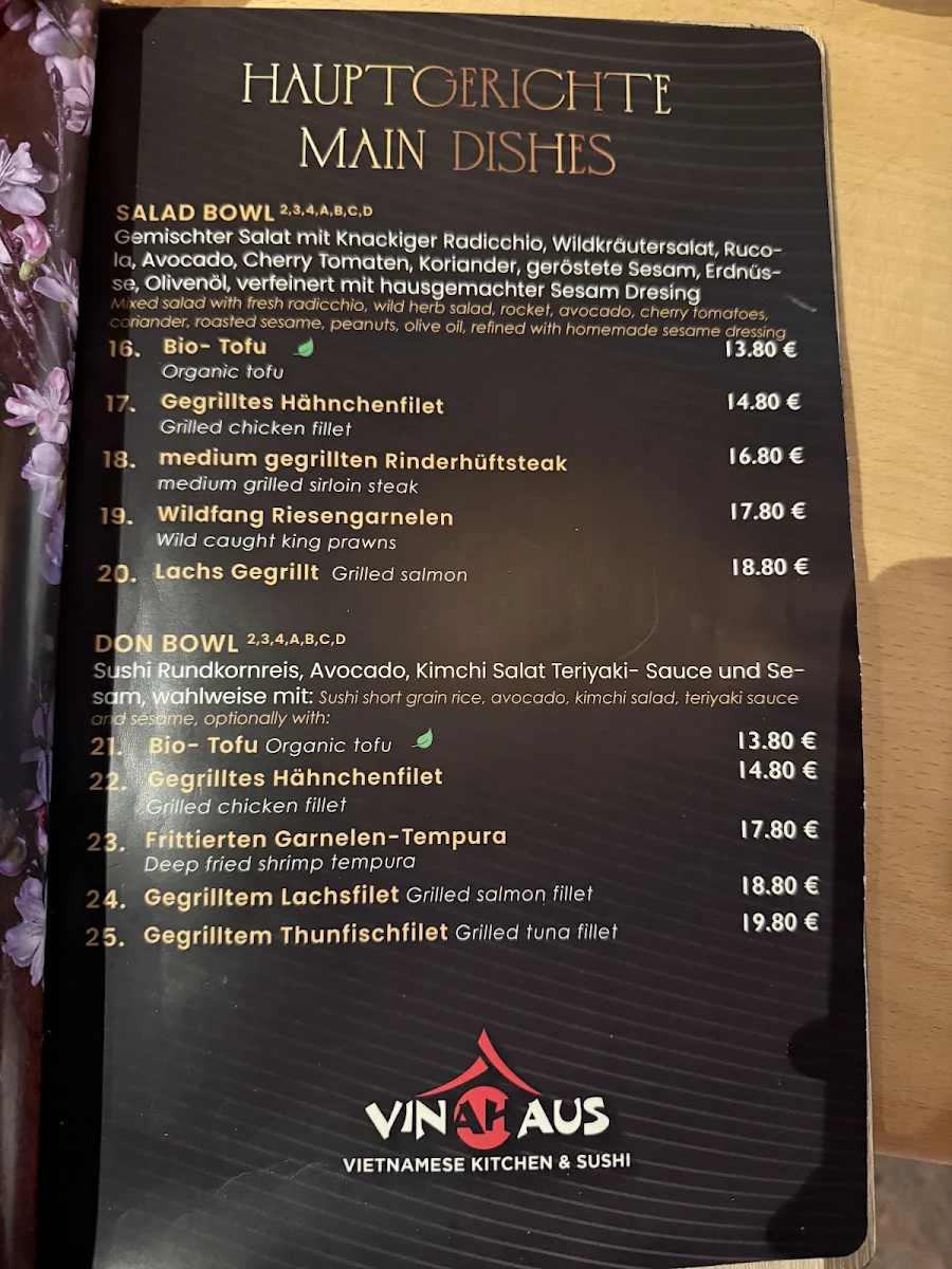 Speisekarte, Vina Haus Vietnamesisches Restaurant & Sushi