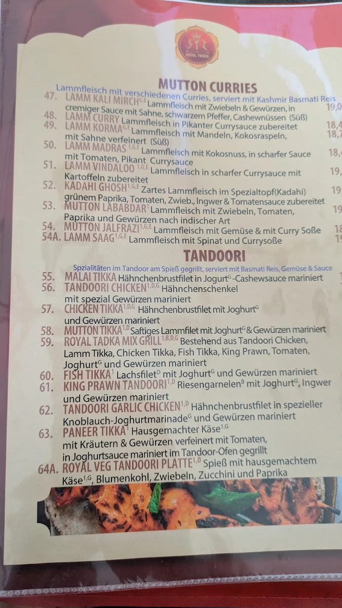 Speisekarte, Restaurant Royal Tadka