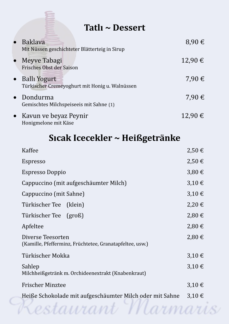 Speisekarte, Restaurant Marmaris