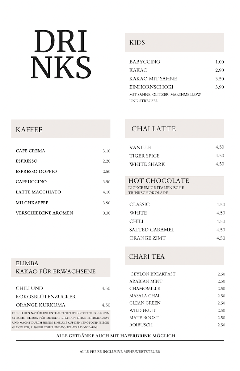 Speisekarte, BeAwi KreativCafé