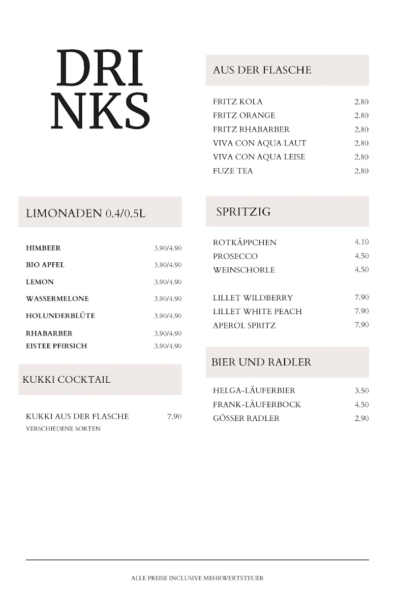 Speisekarte, BeAwi KreativCafé