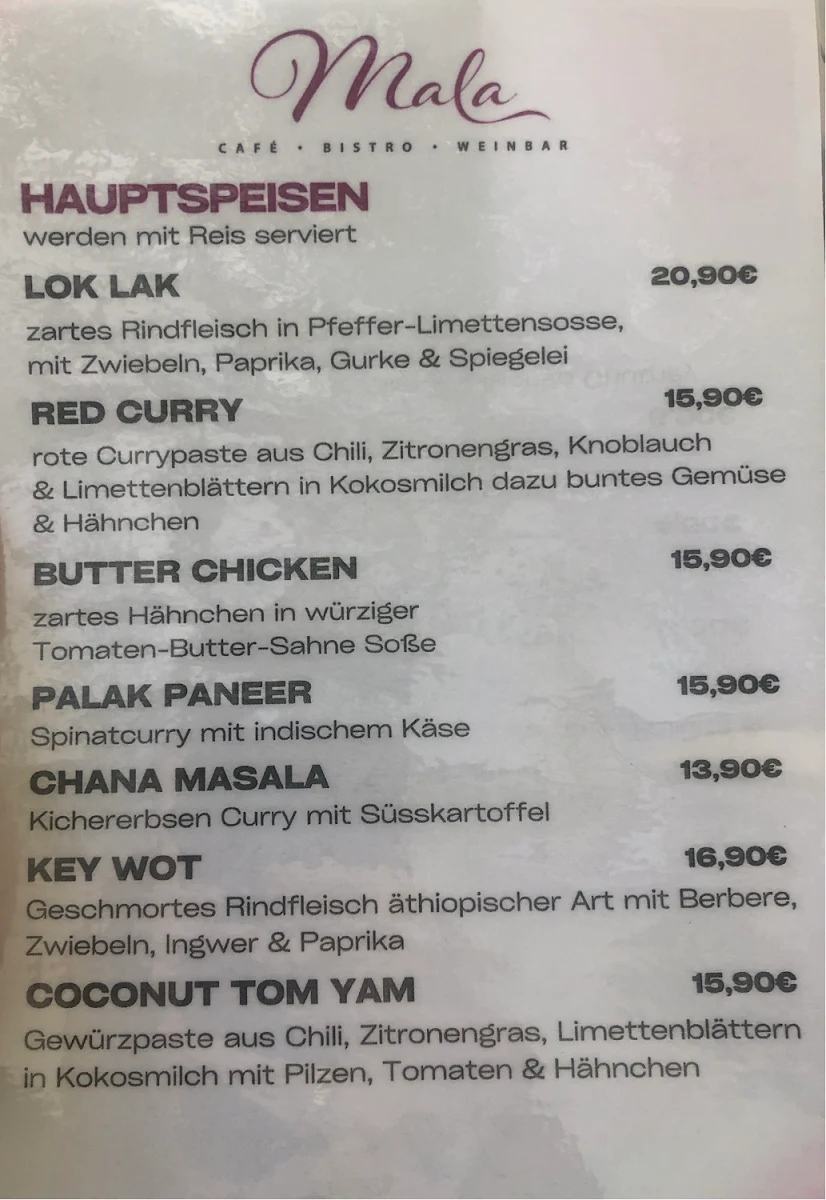 Speisekarte, Mala Cafe Bistro Weinbar