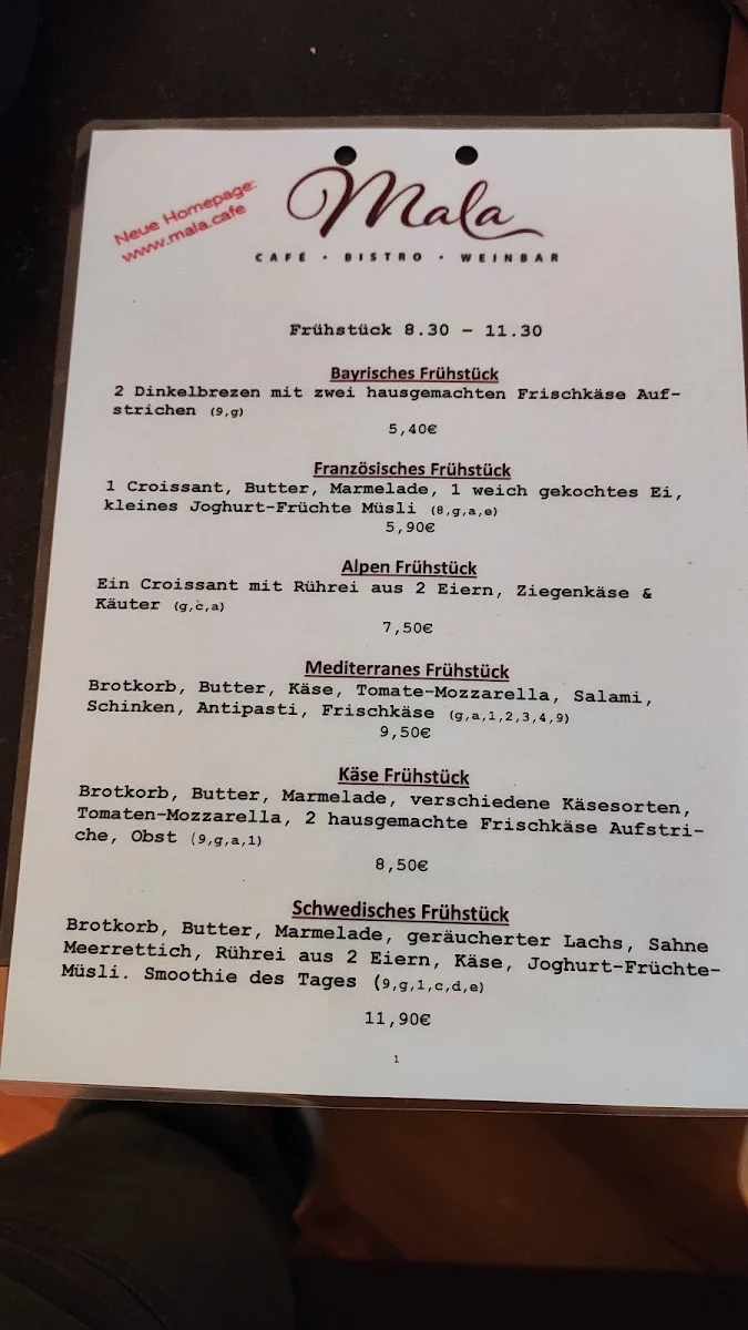 Speisekarte, Mala Cafe Bistro Weinbar