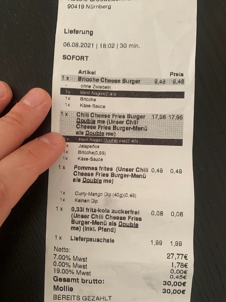 Speisekarte, burgerme Nürnberg Nord