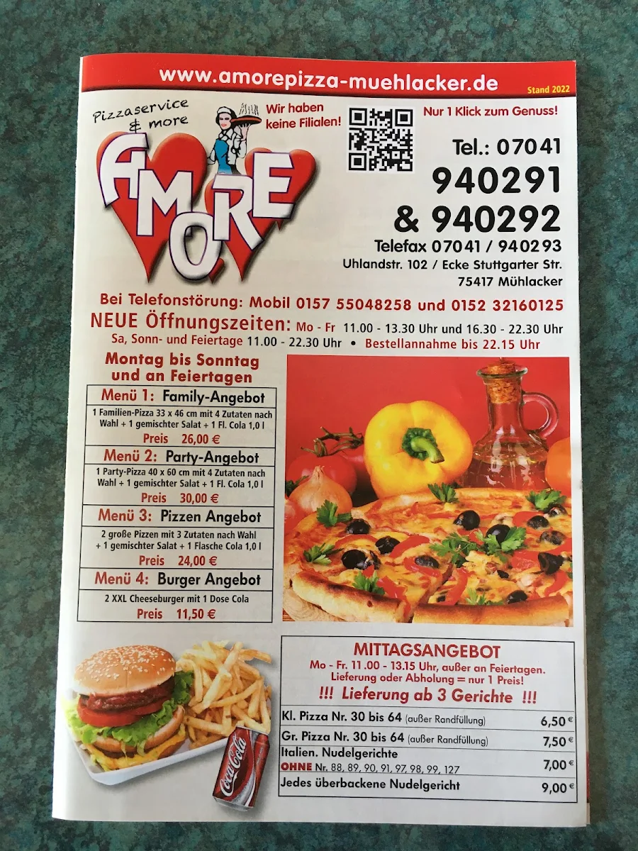 Speisekarte, Amore Pizza & Fried Chicken Mühlacker