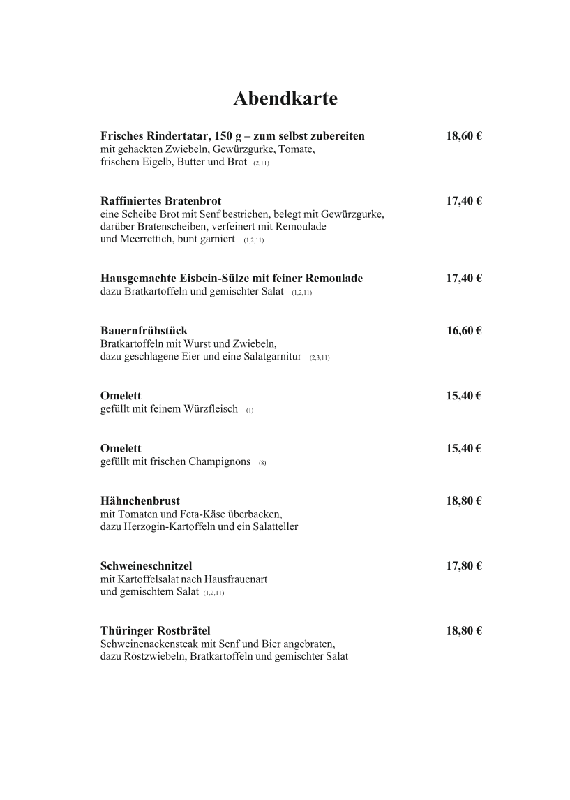 Speisekarte, Erntekranzbaude