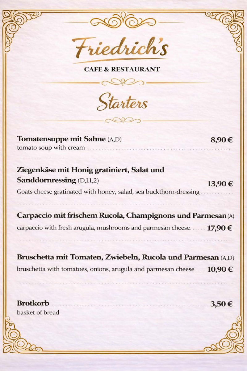 Speisekarte, Restaurant Friedrichs