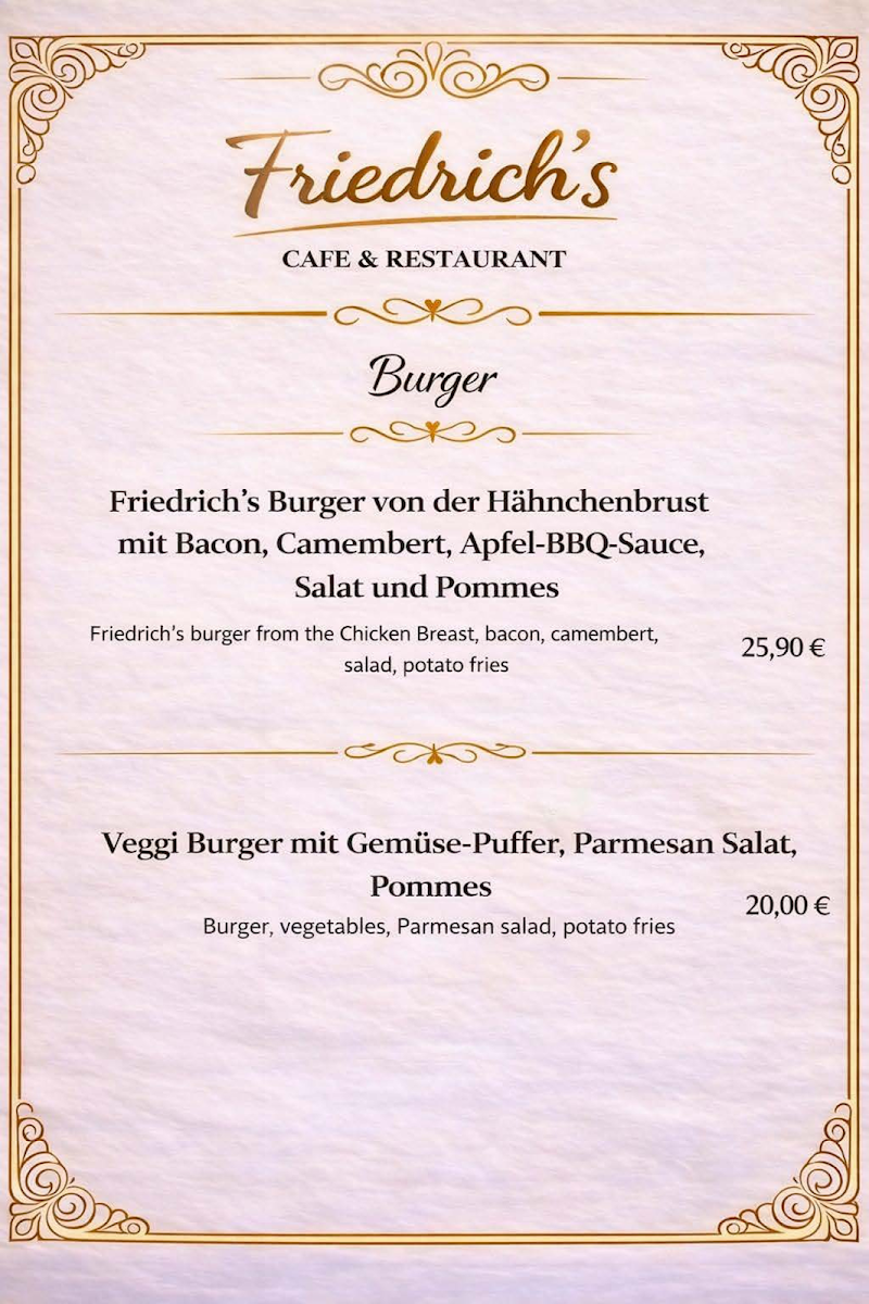 Speisekarte, Restaurant Friedrichs