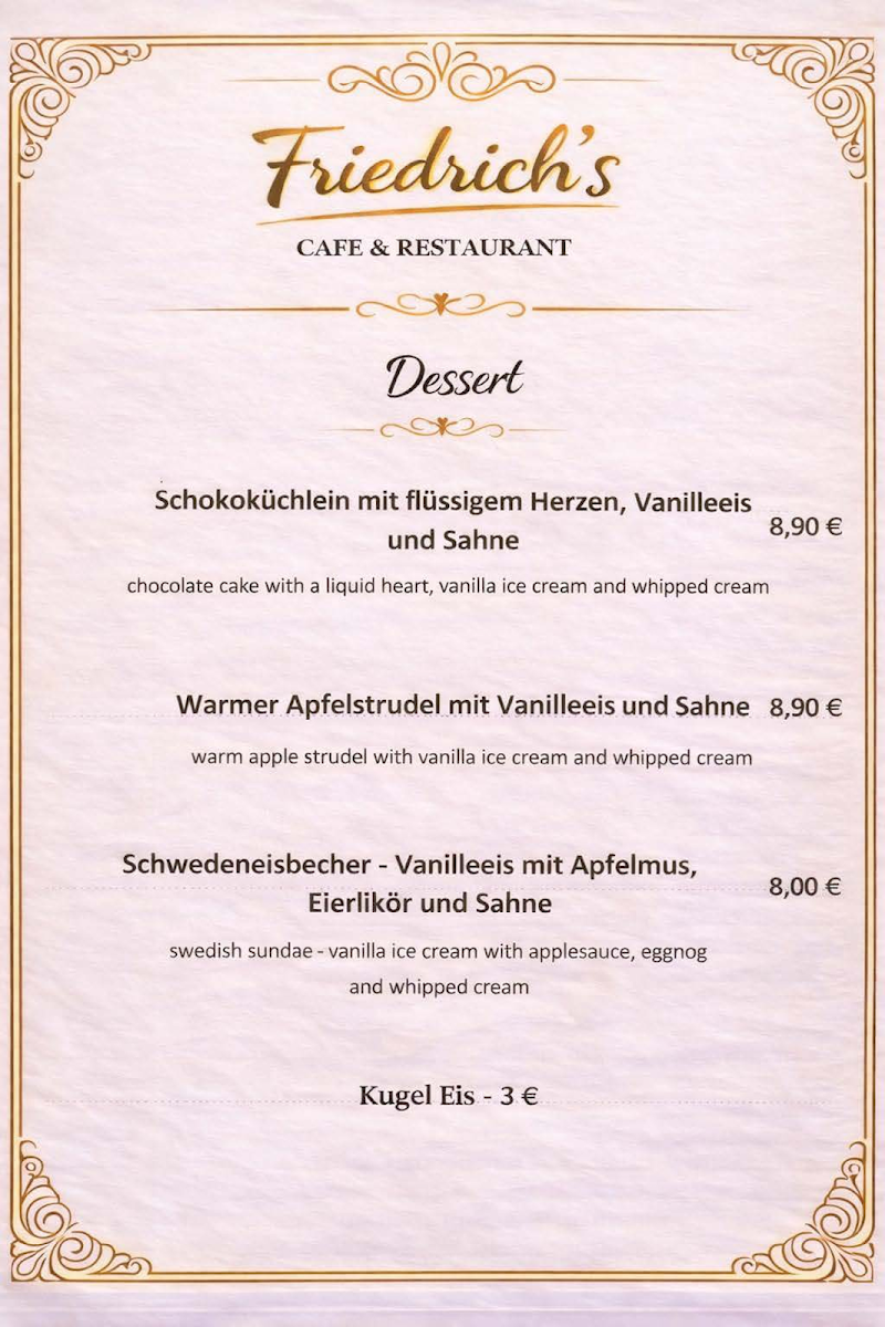 Speisekarte, Restaurant Friedrichs