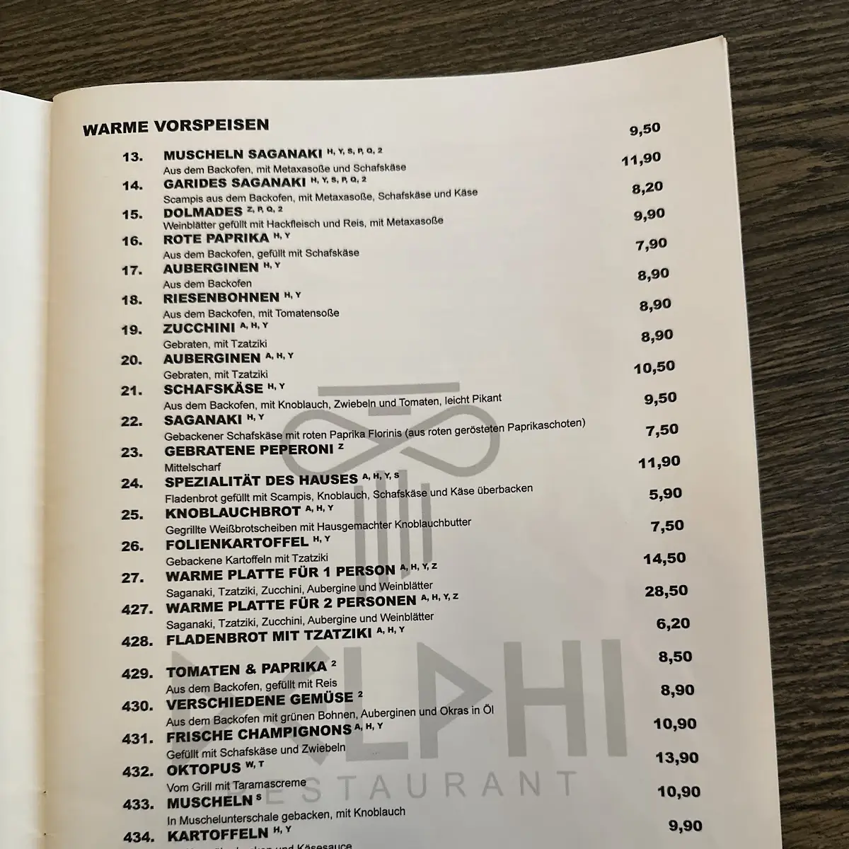 Speisekarte, Restaurant Delphi