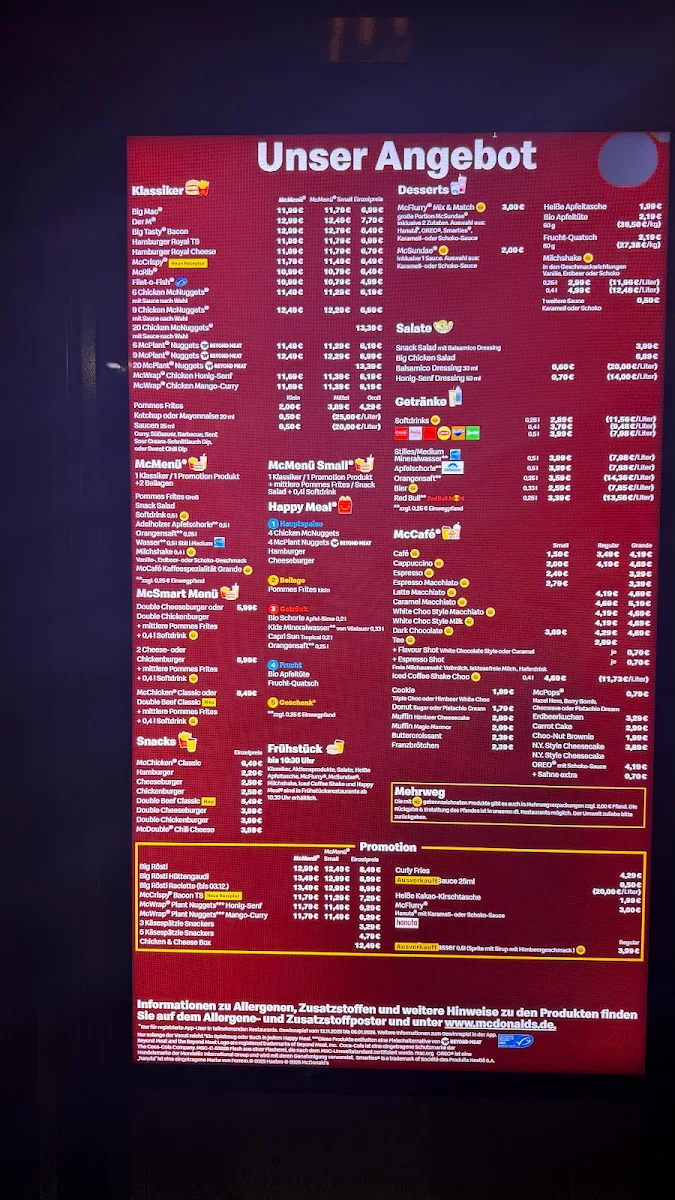 Speisekarte, McDonald's