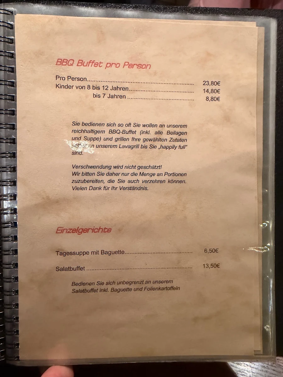 Speisekarte, Yaki Indoor BBQ