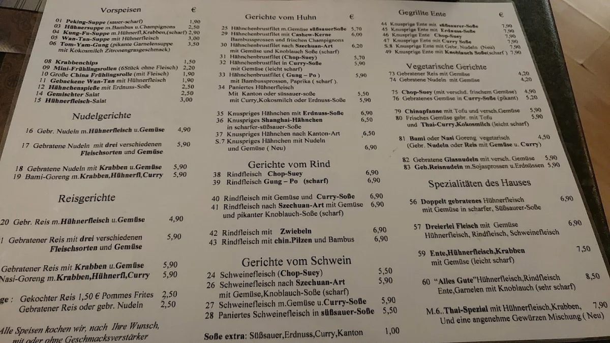 Speisekarte, Restaurant Kanton China & Thai Küche