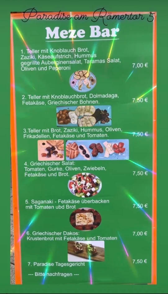 Speisekarte, Kneipe & Cocktailbar Paradise Wiesbaden