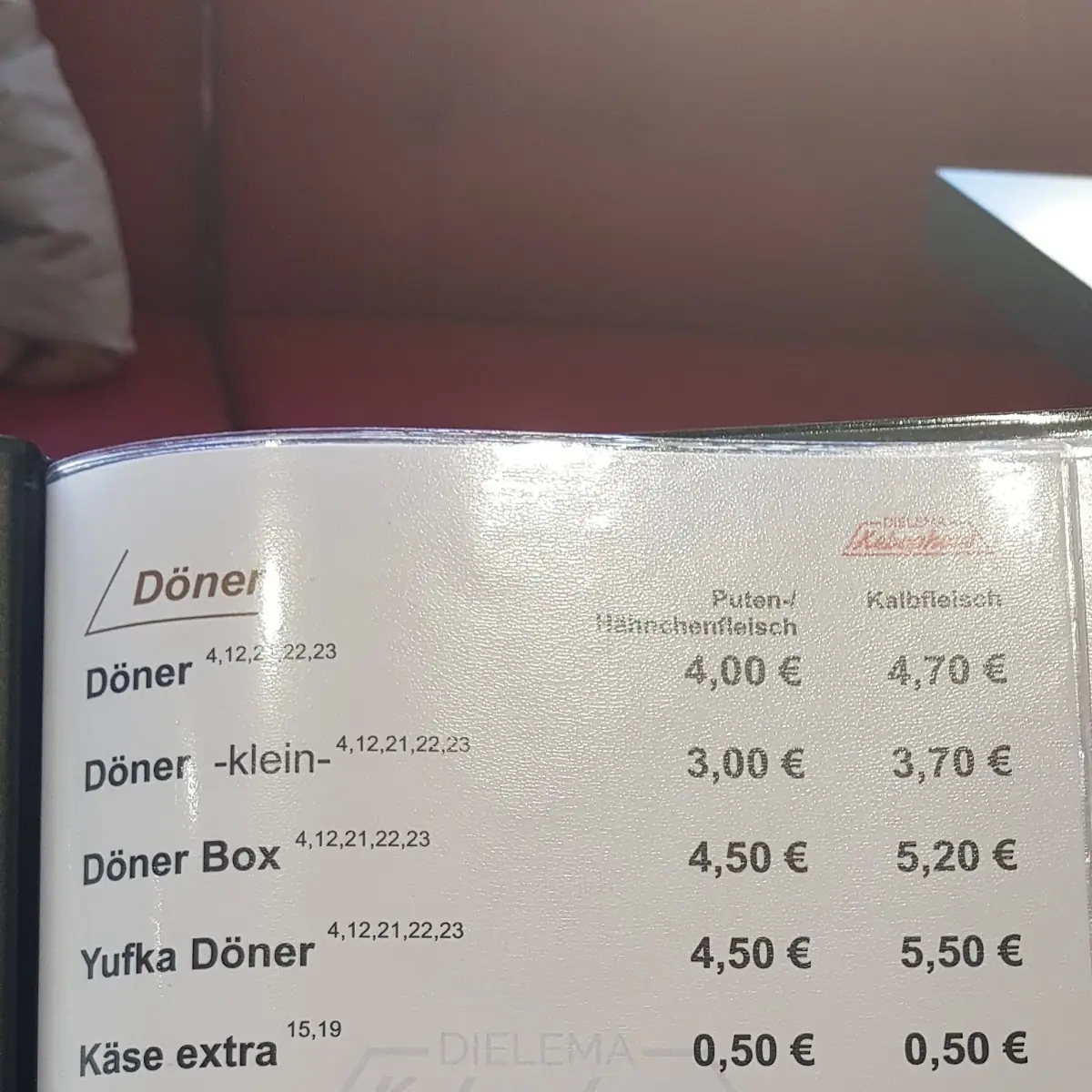 Speisekarte, Dielema Kebaphaus Dielheim