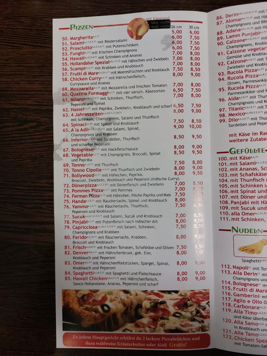 Speisekarte, Derin Pizzeria