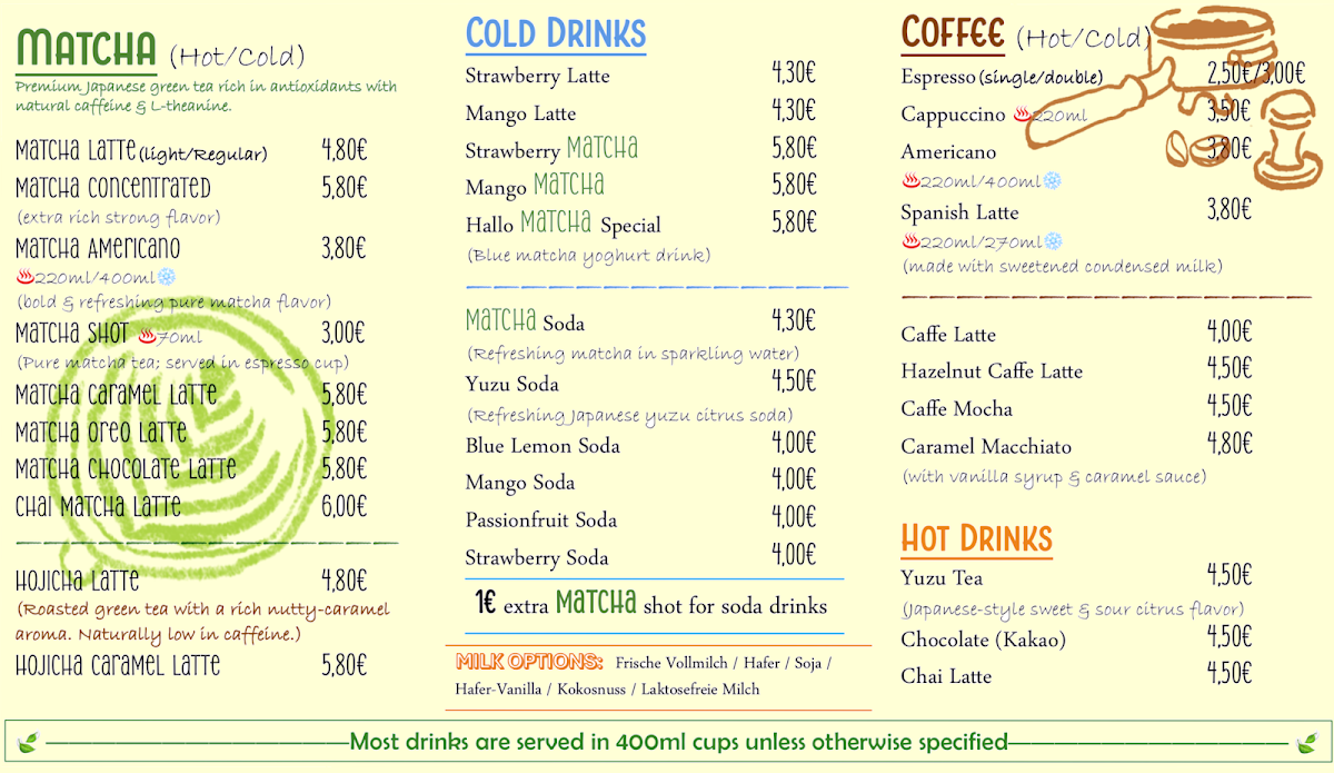 Speisekarte, Hallo Matcha Café