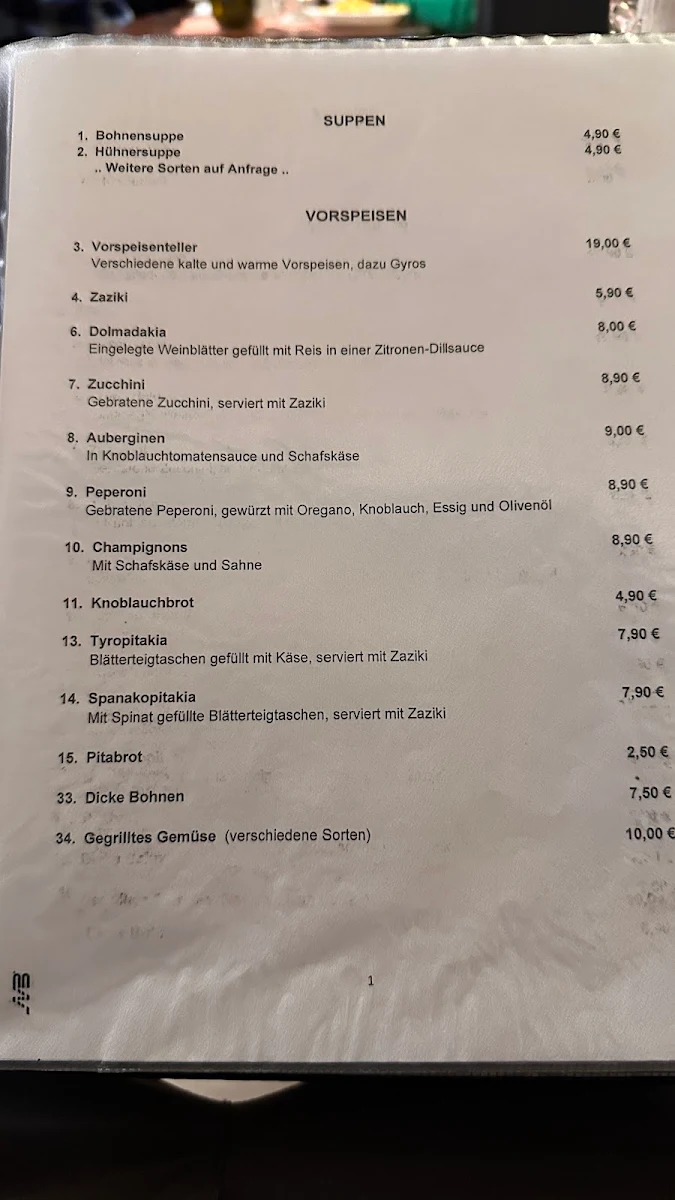 Speisekarte, Restaurant Zeus
