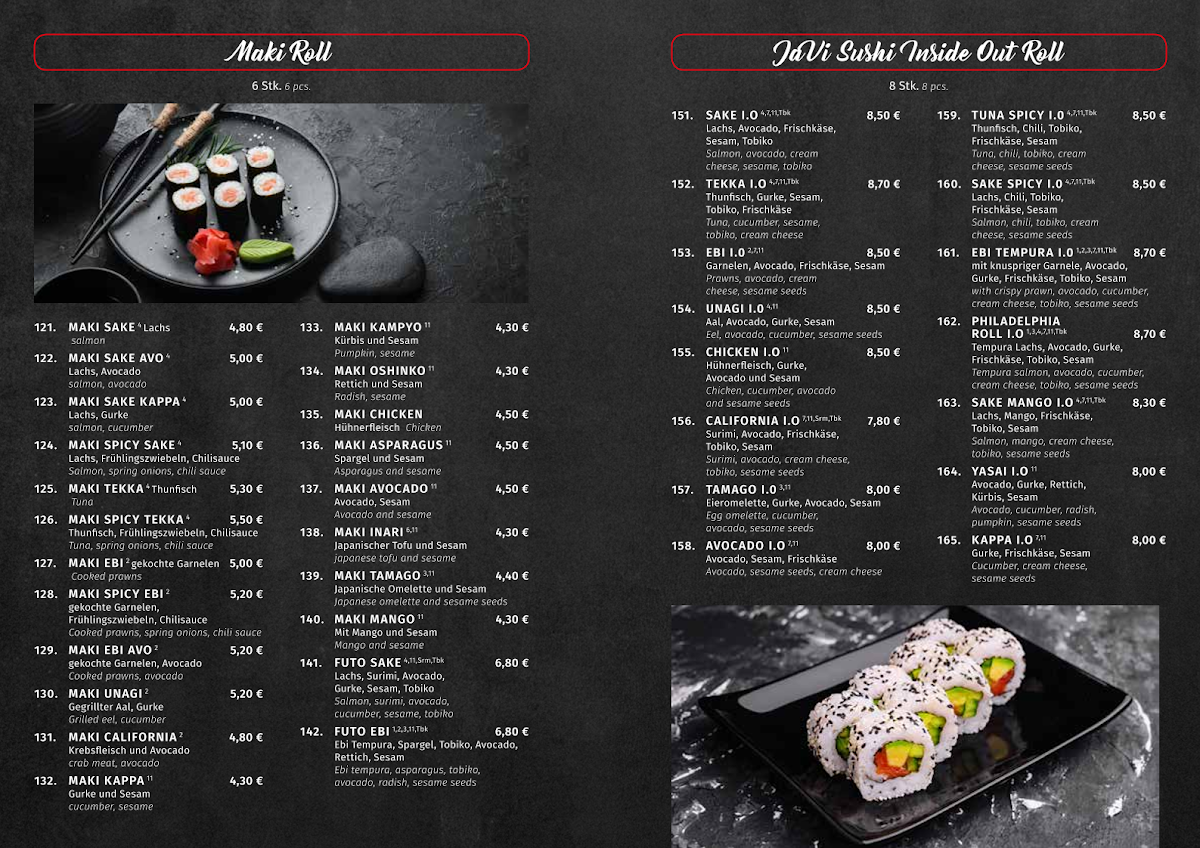 Speisekarte, JaVi 92 Restaurant