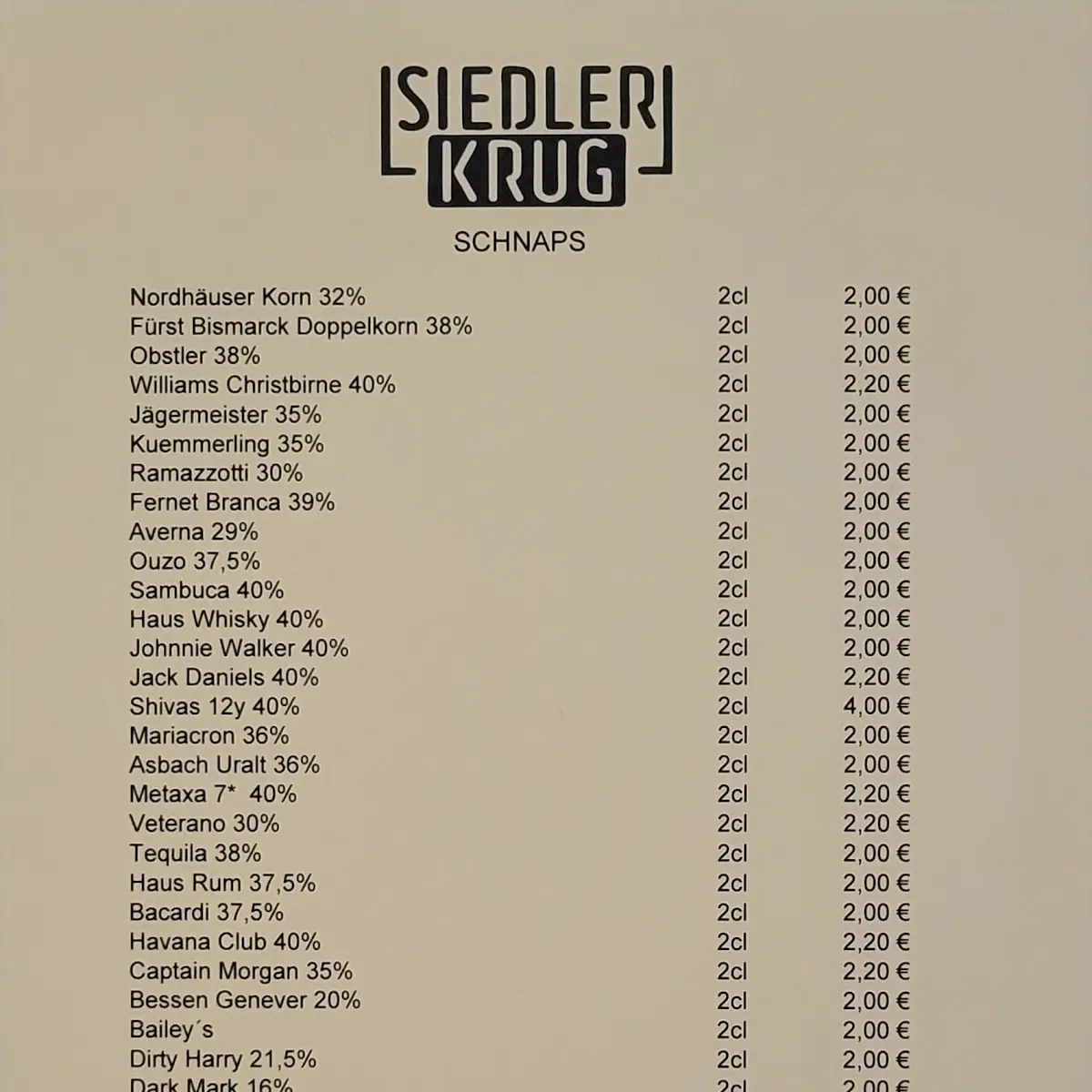 Speisekarte, Siedlerkrug