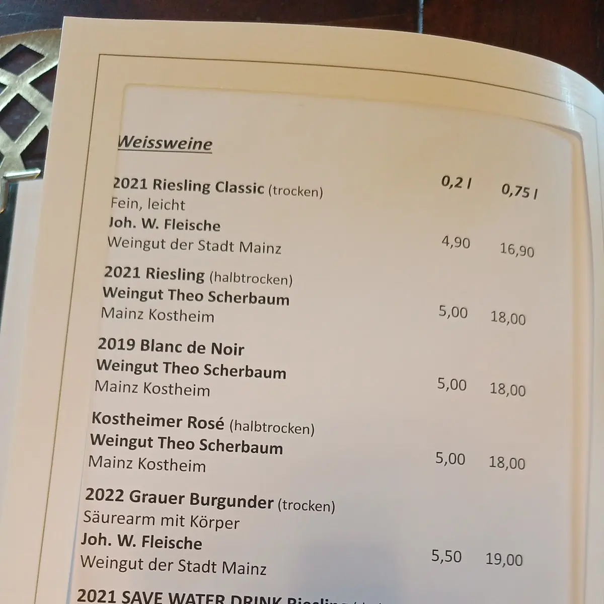 Speisekarte, Schloss Biebrich Restaurant und Eventlocation