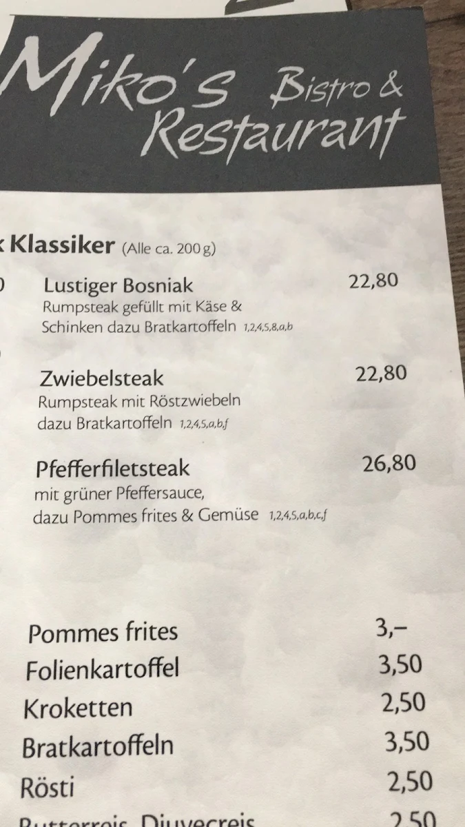 Speisekarte, Mikos Restaurant