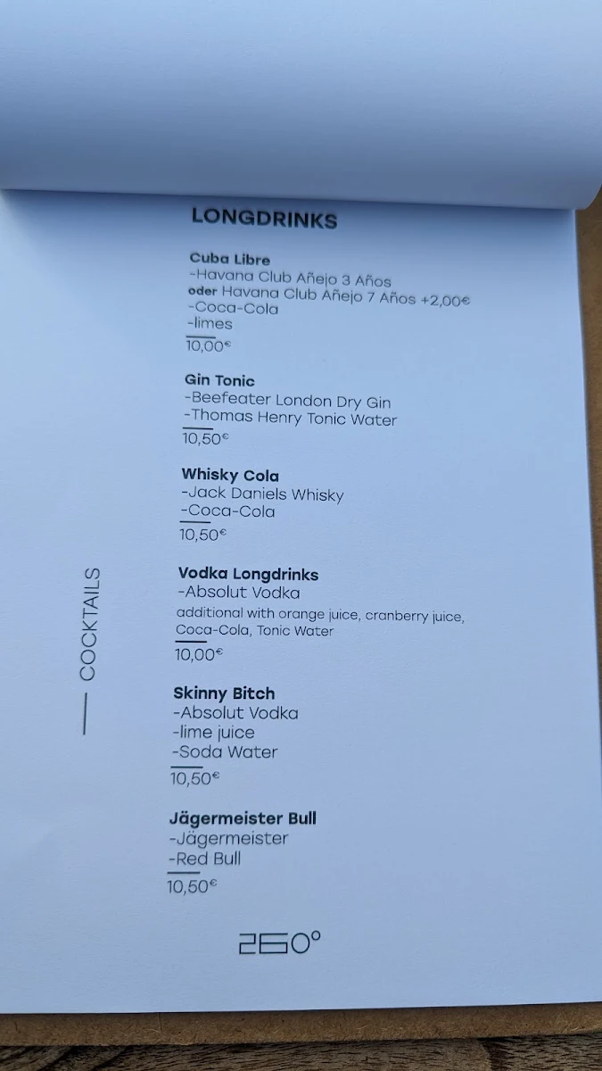 Speisekarte, Bar 260°