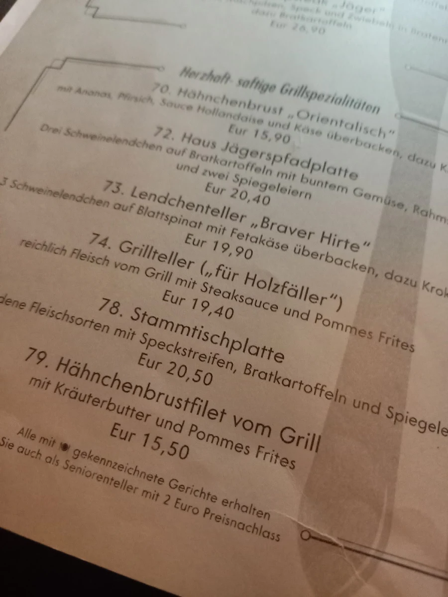 Speisekarte, Haus Jägerspfad