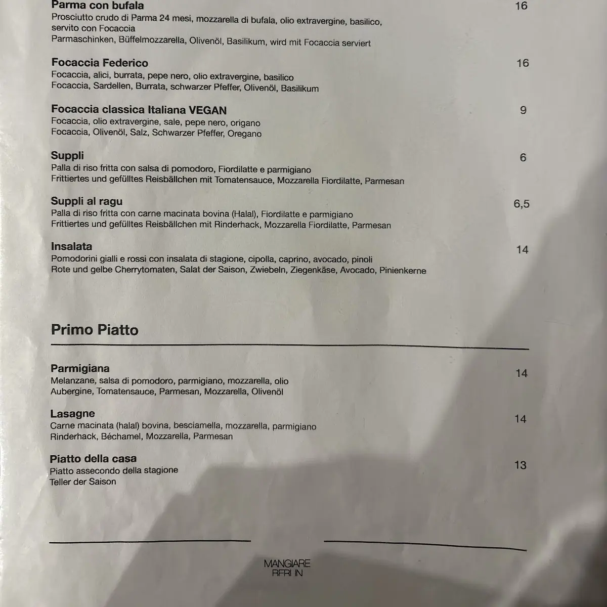 Speisekarte, Mangiare Berlin Moabit