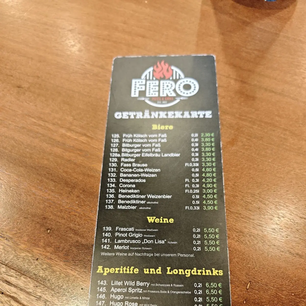 Speisekarte, FERO Restaurant & Grill