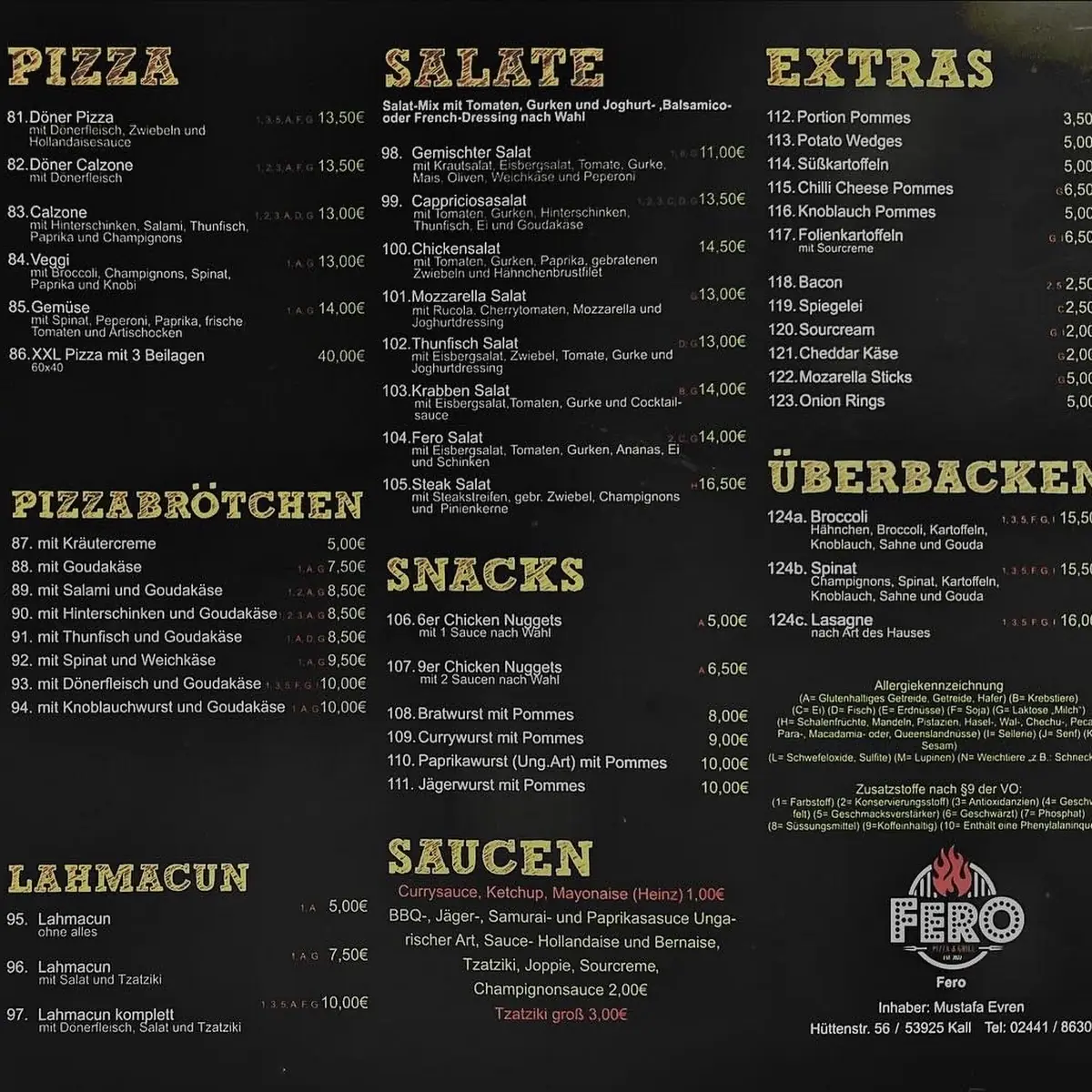 Speisekarte, FERO Restaurant & Grill