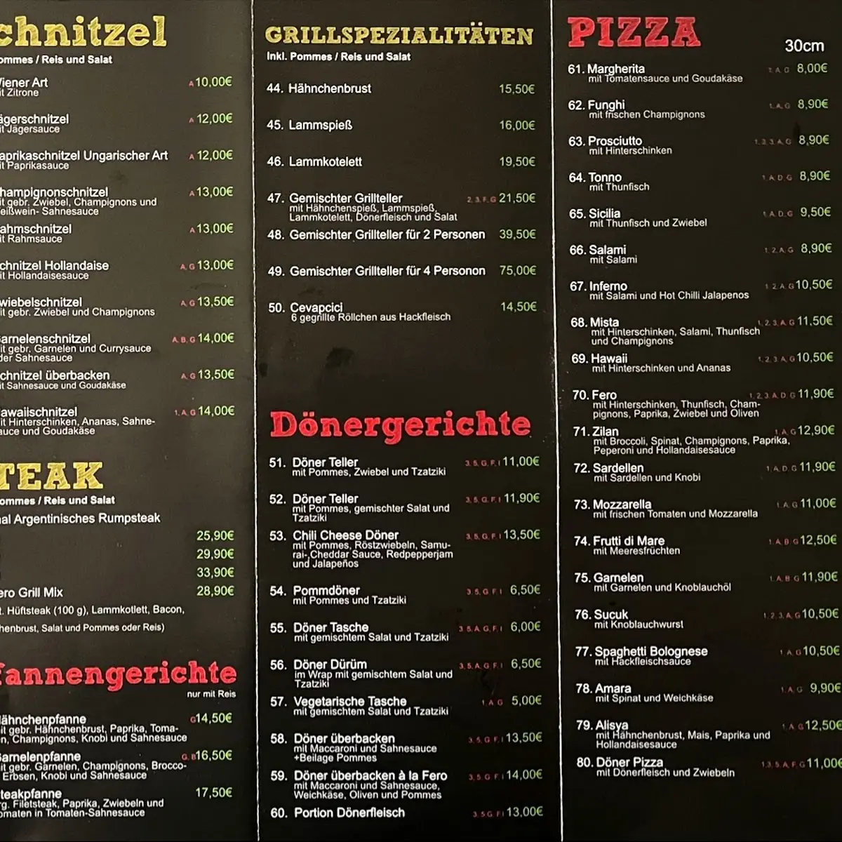 Speisekarte, FERO Restaurant & Grill