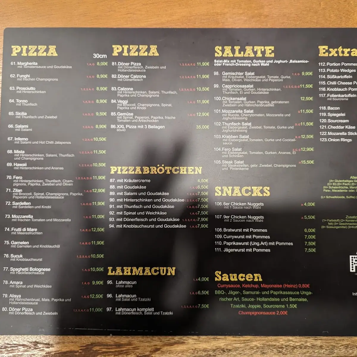 Speisekarte, FERO Restaurant & Grill