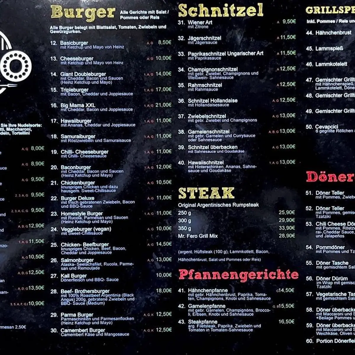 Speisekarte, FERO Restaurant & Grill