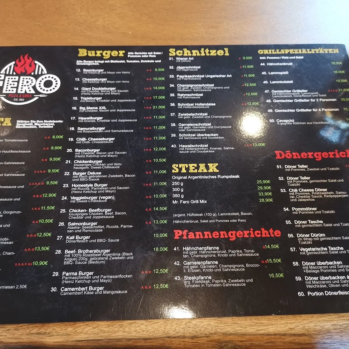 Speisekarte, FERO Restaurant & Grill