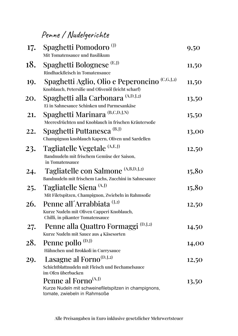 Speisekarte, Trattoria Belvedere