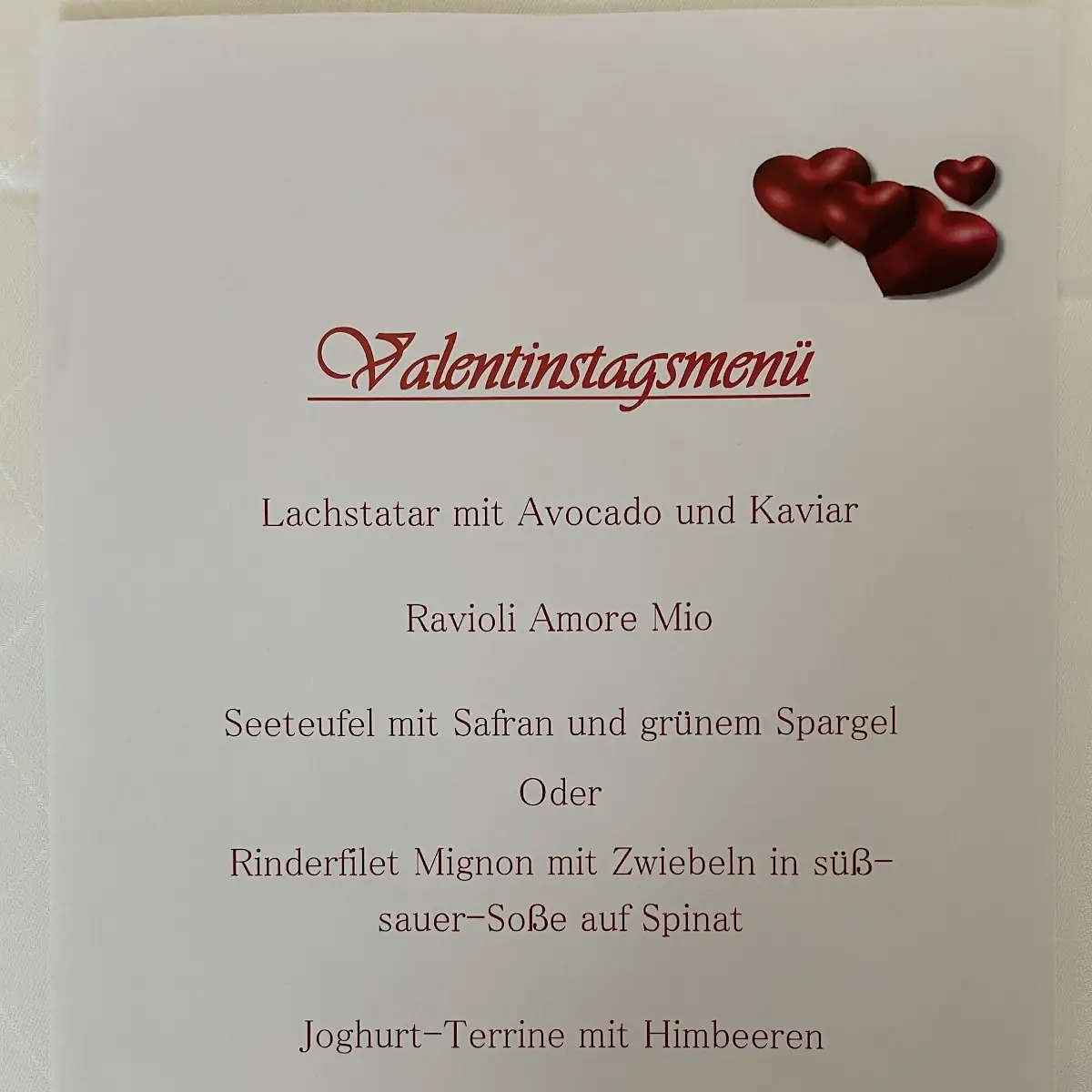 Speisekarte, De Vivo's Ristorante