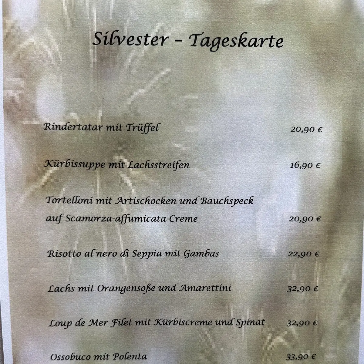 Speisekarte, De Vivo's Ristorante