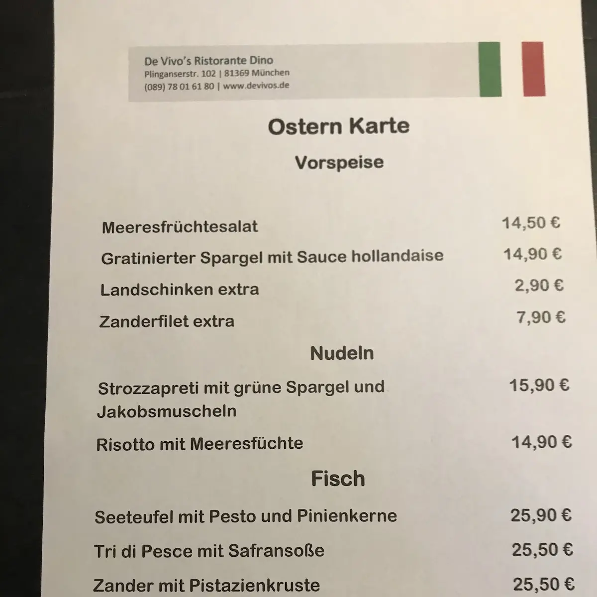 Speisekarte, De Vivo's Ristorante