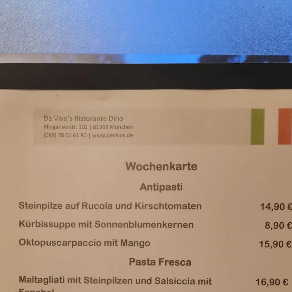Speisekarte, De Vivo's Ristorante