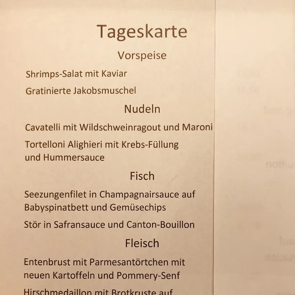 Speisekarte, De Vivo's Ristorante