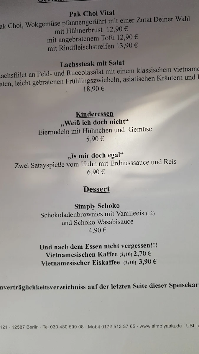 Speisekarte, Simply Asia