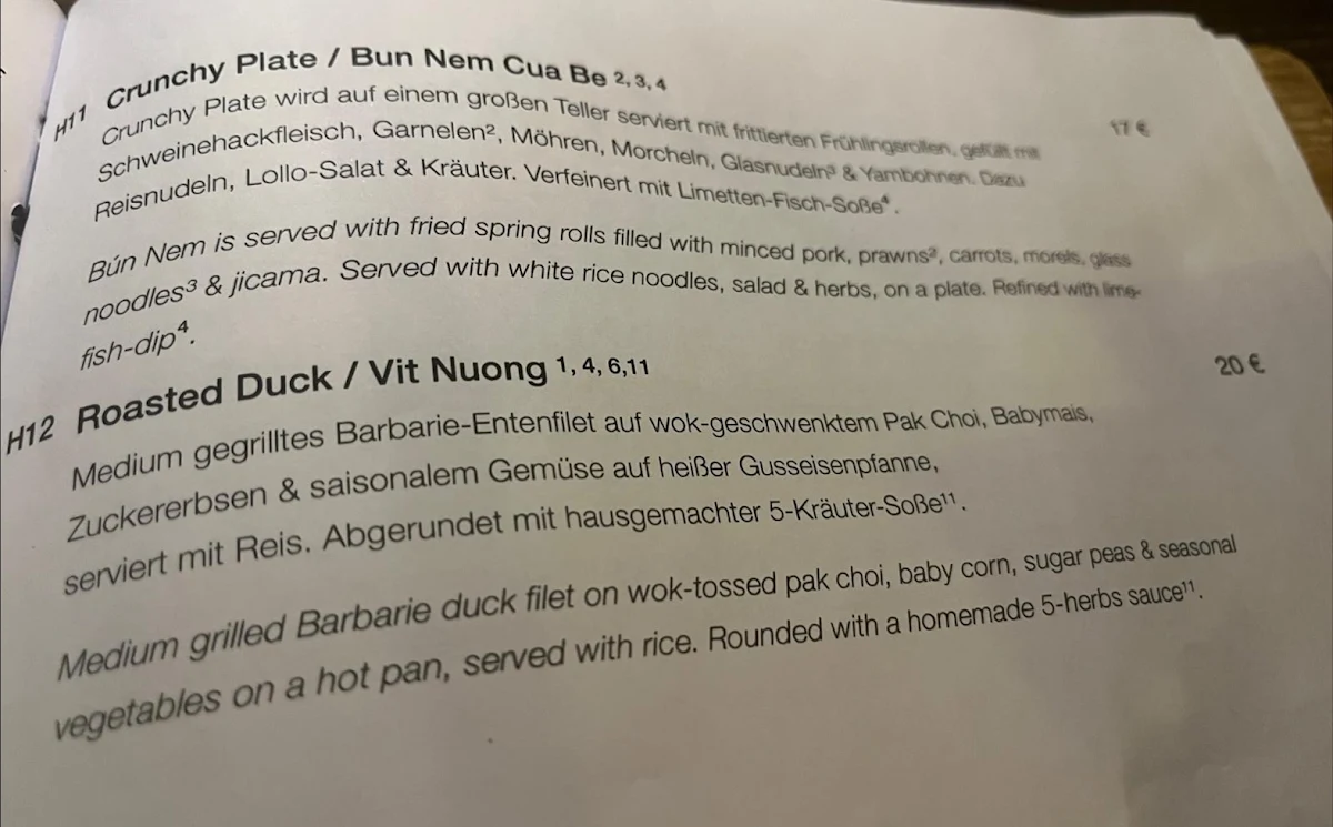 Speisekarte, Vietnamesisches Restaurant Anjoy